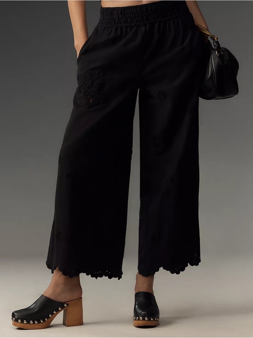 Anthropologie Somerset Crochet PullOn Pants Wide Leg Elastic Waist Pockets Black